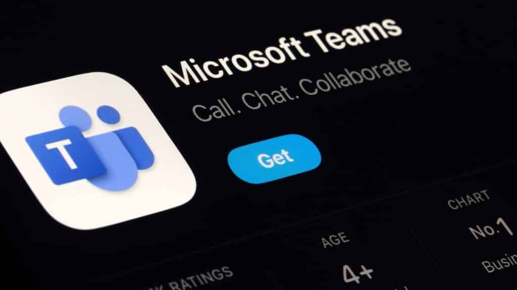 Microsoft Teams App Store listing on iPhone highlights team collaboration and communication.