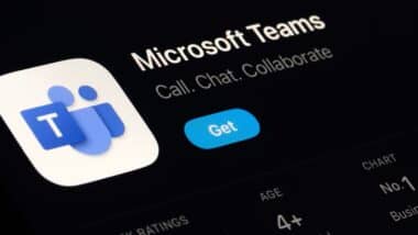 Microsoft Teams App Store listing on iPhone highlights team collaboration and communication.