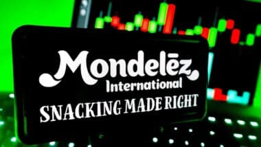 Mondelez International Company Logo Branding on Screen with Stock Chart Market Trends in Background with LED Vibrant Lighting