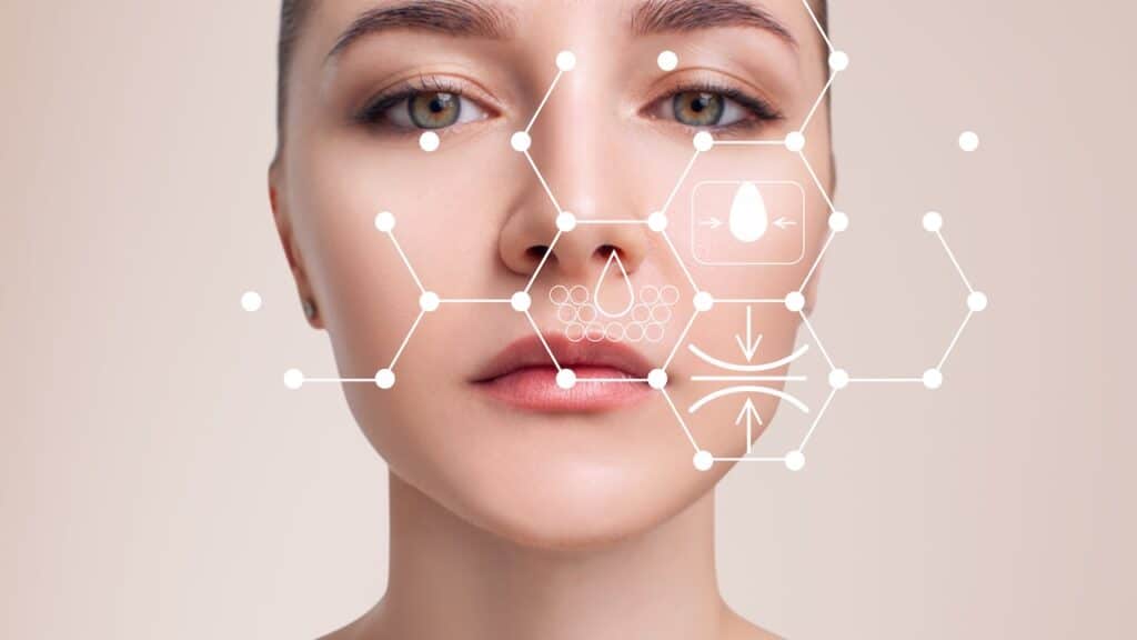 Infographic shows cleansing effect on beautiful female face.