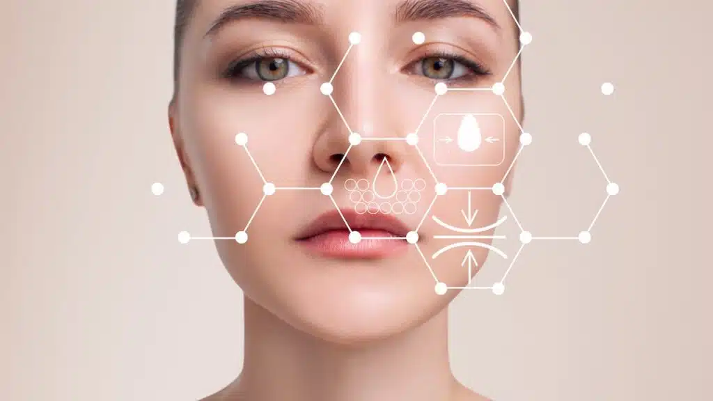 Infographic shows cleansing effect on beautiful female face.