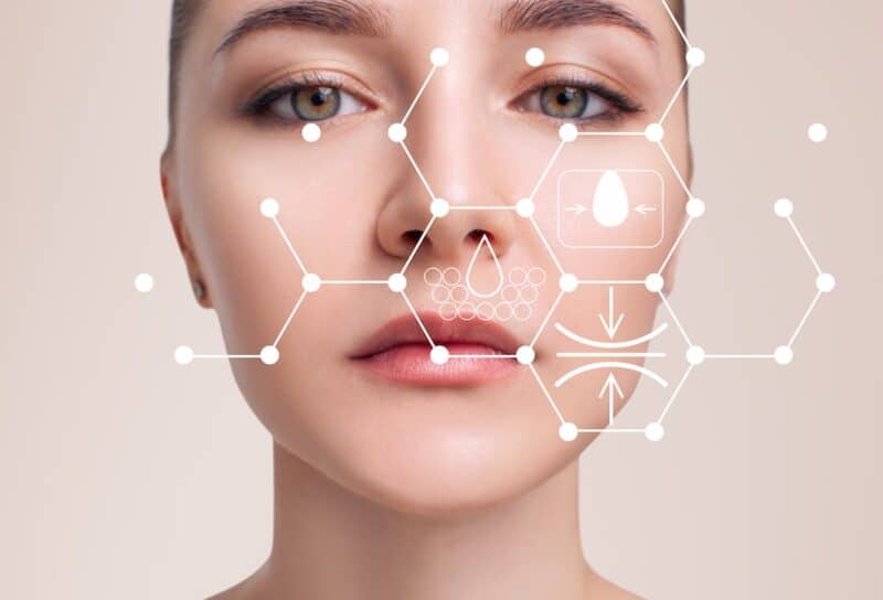 Infographic shows cleansing effect on beautiful female face.