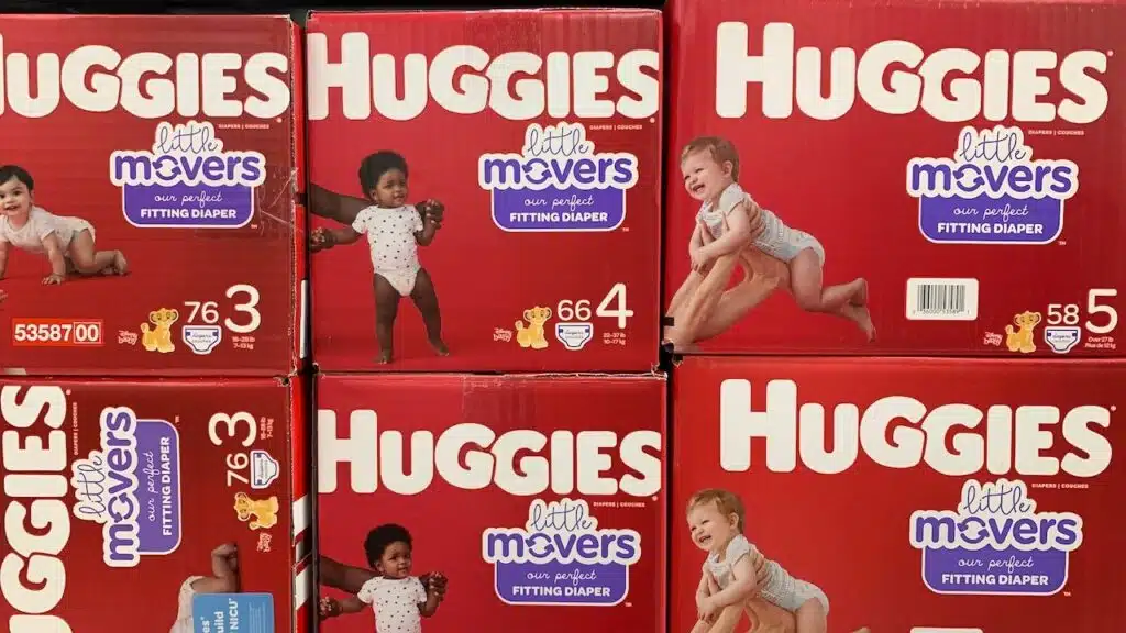 Boxes of Huggie's Little Movers diapers on display on a grocery store shelf