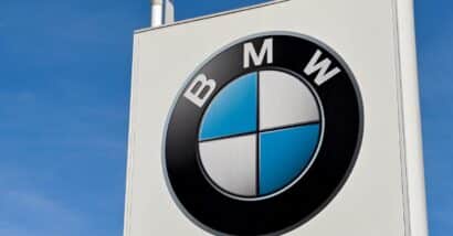 Close up view of a sign outside a BMW factory