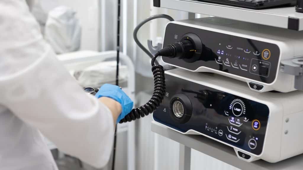 Endoscopy in the hospital. The doctor connects the endoscope before gastroscopy.