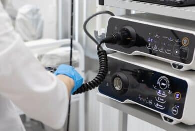 Endoscopy in the hospital. The doctor connects the endoscope before gastroscopy.