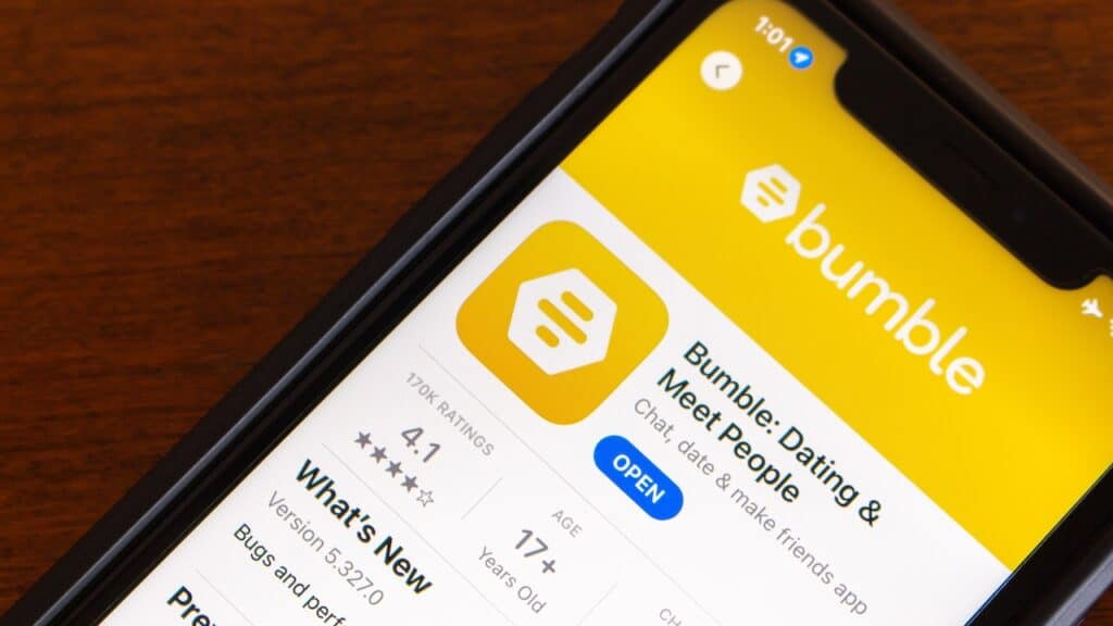 Bumble app seen in App Store on iPhone screen.