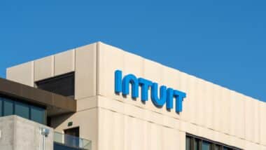 Close up of Intuit sign on the building at its headquarters in Mountain View, California, USA