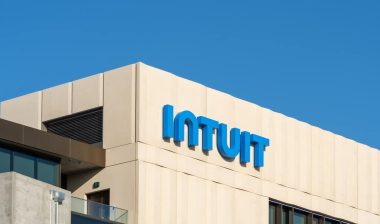 Close up of Intuit sign on the building at its headquarters in Mountain View, California, USA