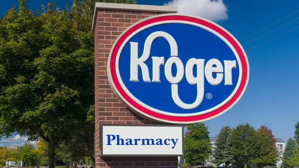 Kroger retail grocery store exterior sign and trademark logo.