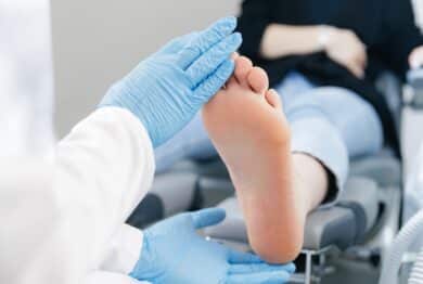 Podiatrist examining female patient foot