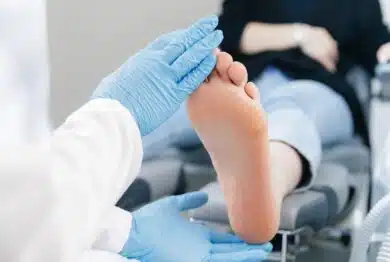Podiatrist examining female patient foot