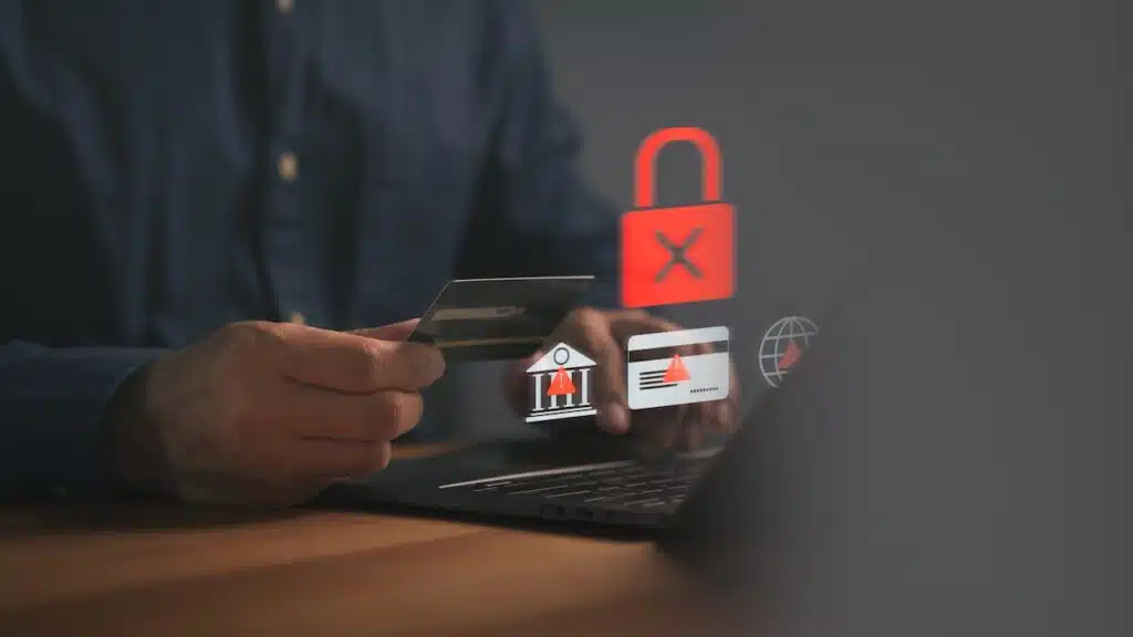 Cybercrime and bank fraud concept on laptop.