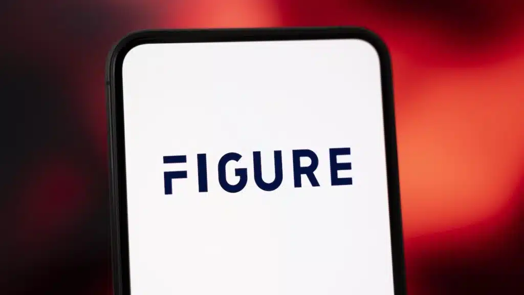 The logo of Figure is displayed on a smartphone screen with a red and dark abstract background.