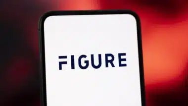 The logo of Figure is displayed on a smartphone screen with a red and dark abstract background.