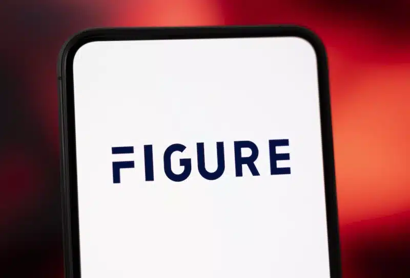 The logo of Figure is displayed on a smartphone screen with a red and dark abstract background.