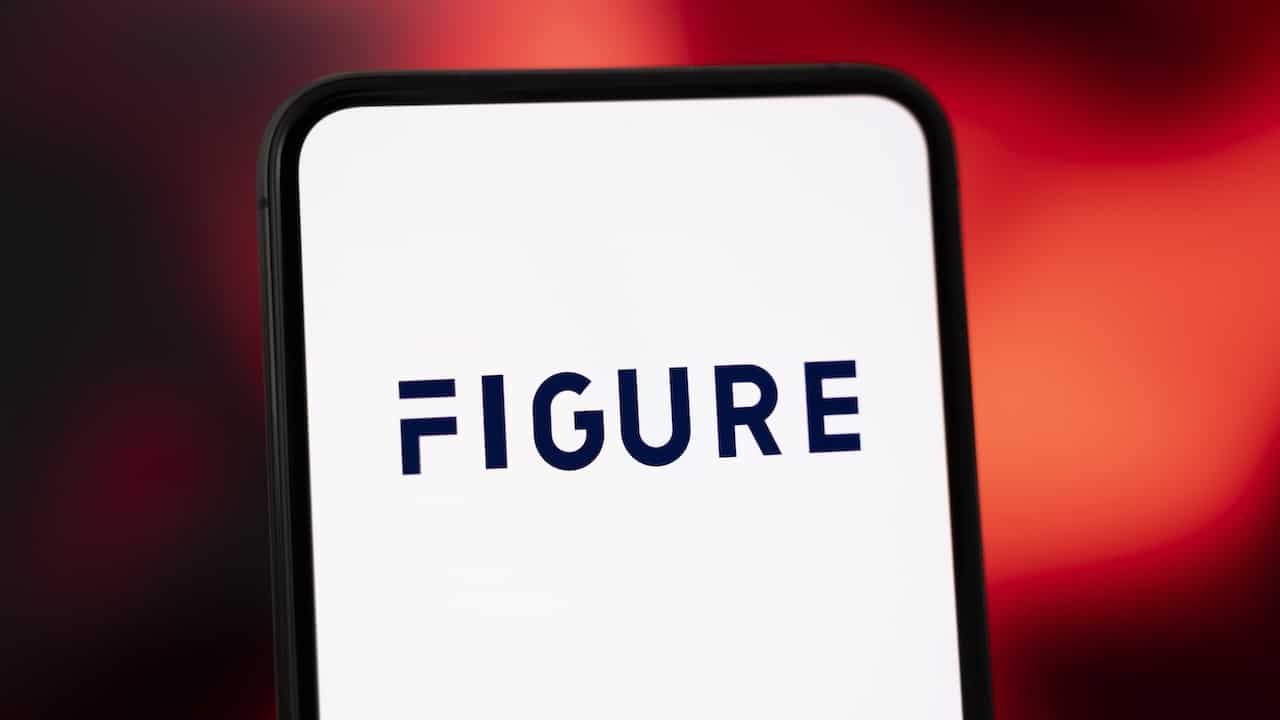 The logo of Figure is displayed on a smartphone screen with a red and dark abstract background.