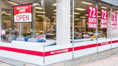 Mattress firm warehouse store facade and sign with sale financing