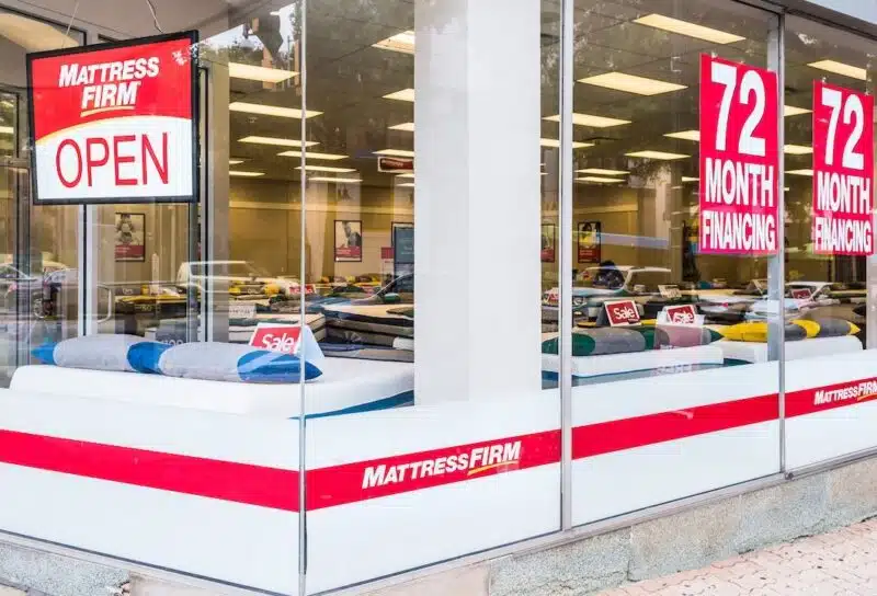 Mattress firm warehouse store facade and sign with sale financing