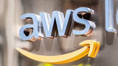 Close up of AWS sign at their offices in SOMA district; Amazon Web Services (AWS)