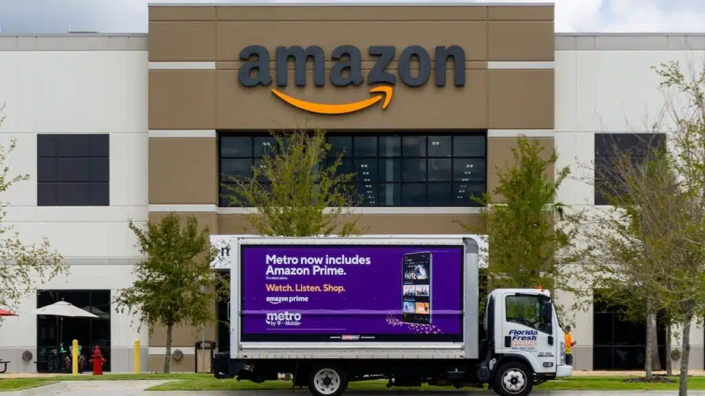 Amazon fulfillment center front entrance with MetroPCS truck in Florida