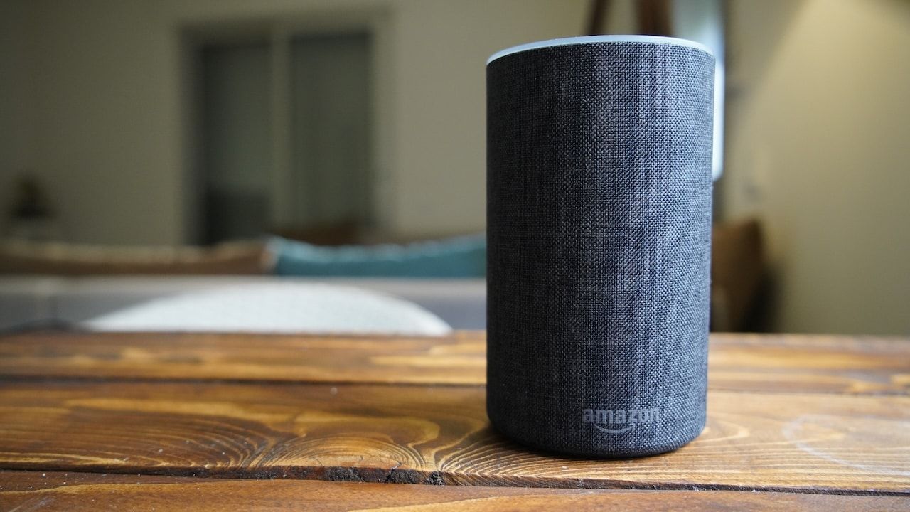 Dark grey Black Amazon Alexa Echo in a living room