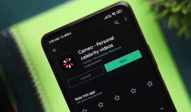 Cameo logo on phone screen stock image.