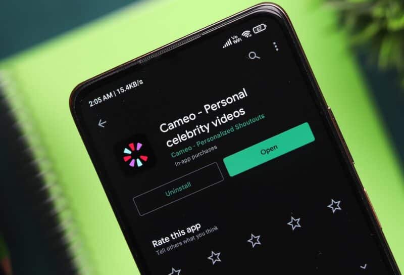 Cameo logo on phone screen stock image.