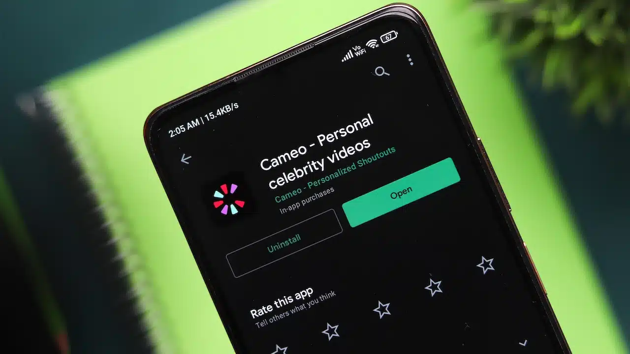 Cameo logo on phone screen stock image.