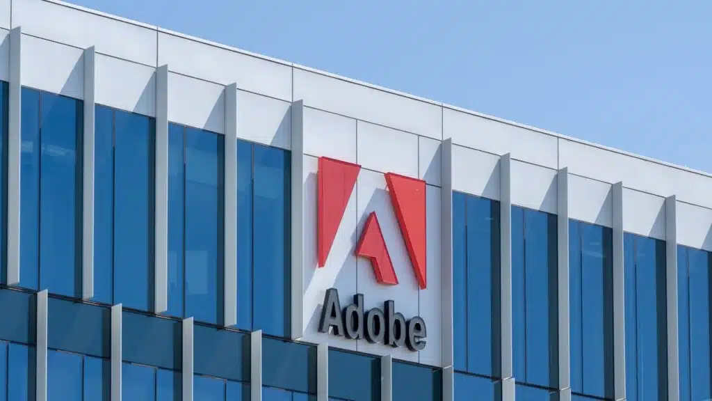 Close up of Adobe logo on the building at its new campus in Lehi City, UT