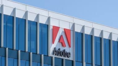 Close up of Adobe logo on the building at its new campus in Lehi City, UT