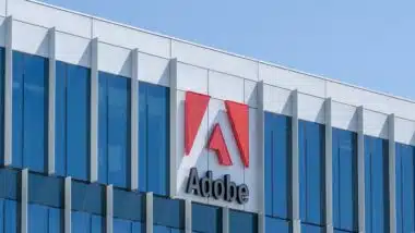 Close up of Adobe logo on the building at its new campus in Lehi City, UT