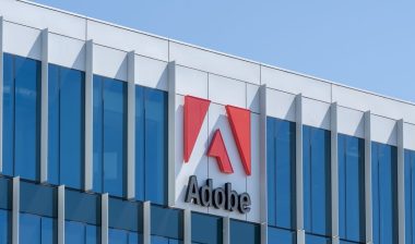Close up of Adobe logo on the building at its new campus in Lehi City, UT