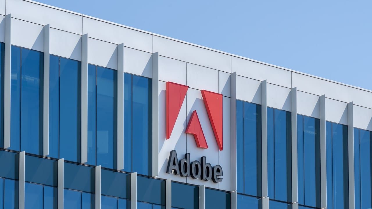 Close up of Adobe logo on the building at its new campus in Lehi City, UT
