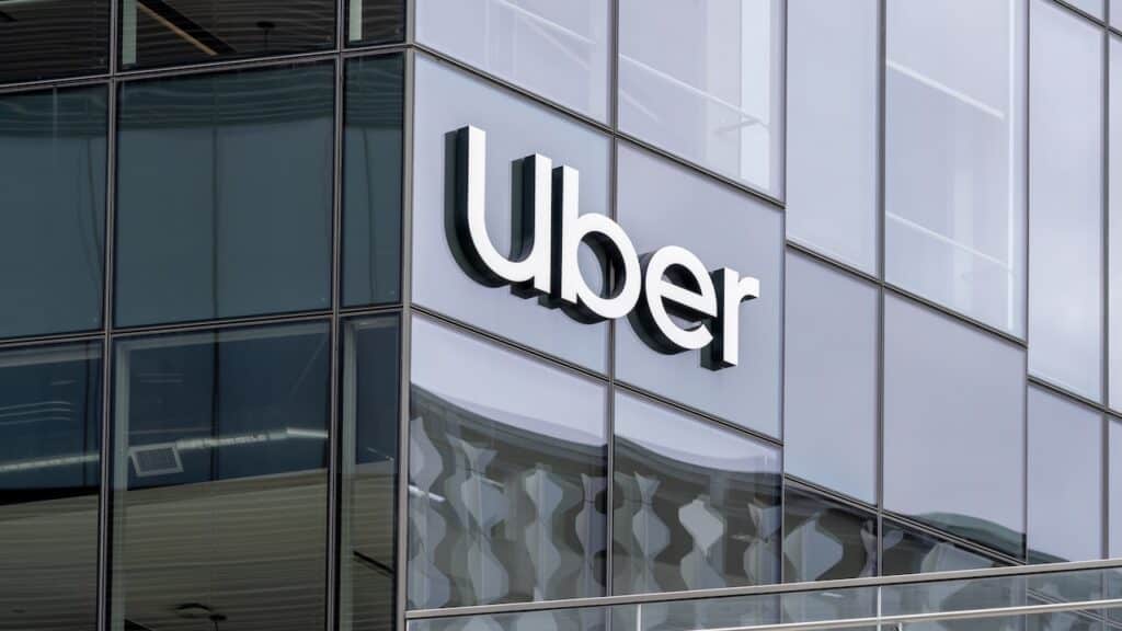 Uber sign on its headquarters building in San Francisco, California