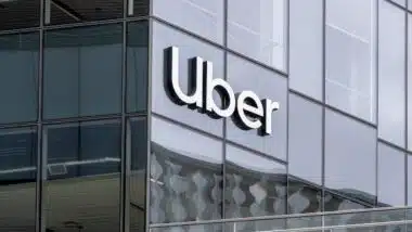 Uber sign on its headquarters building in San Francisco, California
