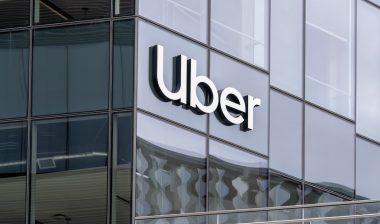 Uber sign on its headquarters building in San Francisco, California