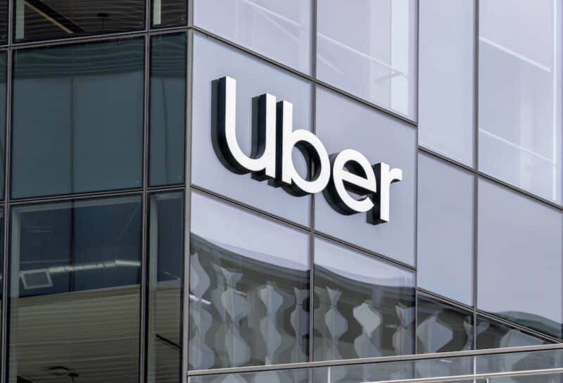 Uber sign on its headquarters building in San Francisco, California