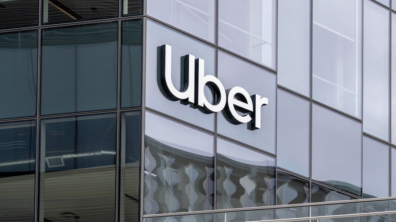 Uber sign on its headquarters building in San Francisco, California