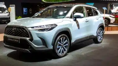 Toyota Corolla Cross (2025) hybrid car at the Brussels Motor Show.