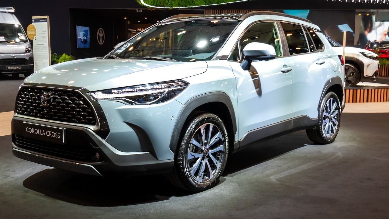 Toyota Corolla Cross (2025) hybrid car at the Brussels Motor Show.