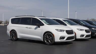 Chrysler Pacifica Limited minivan display at a dealership.