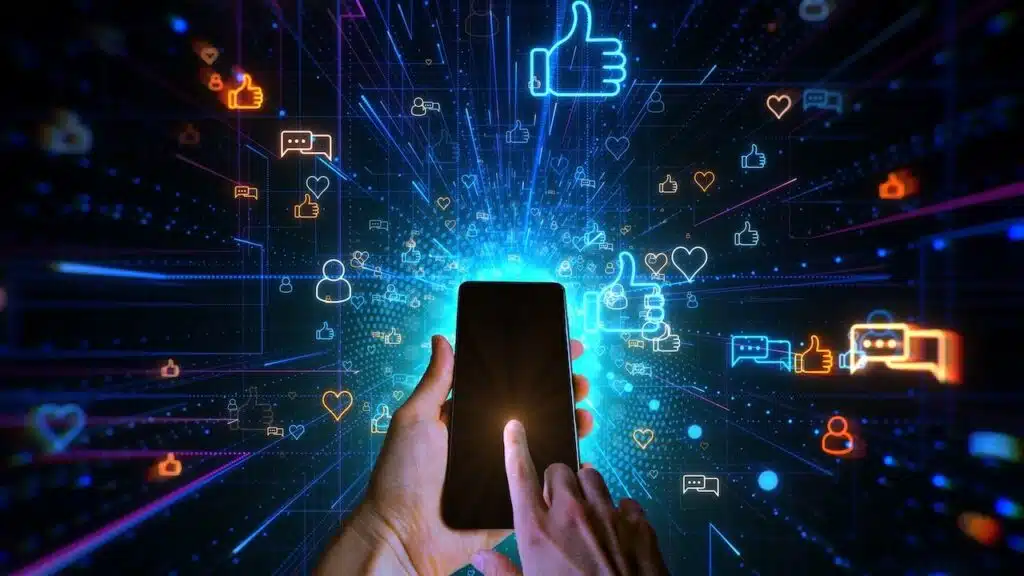 Man touches phone in virtual space.