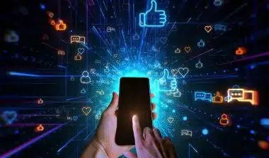 Man touches phone in virtual space.