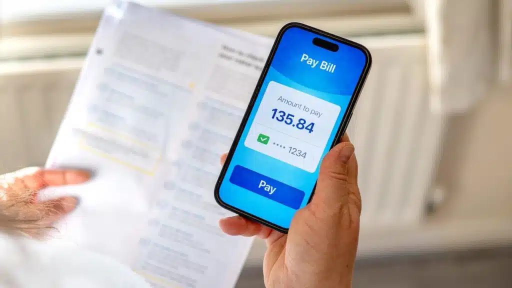Managing household expenses and utility bills using mobile banking app at home.