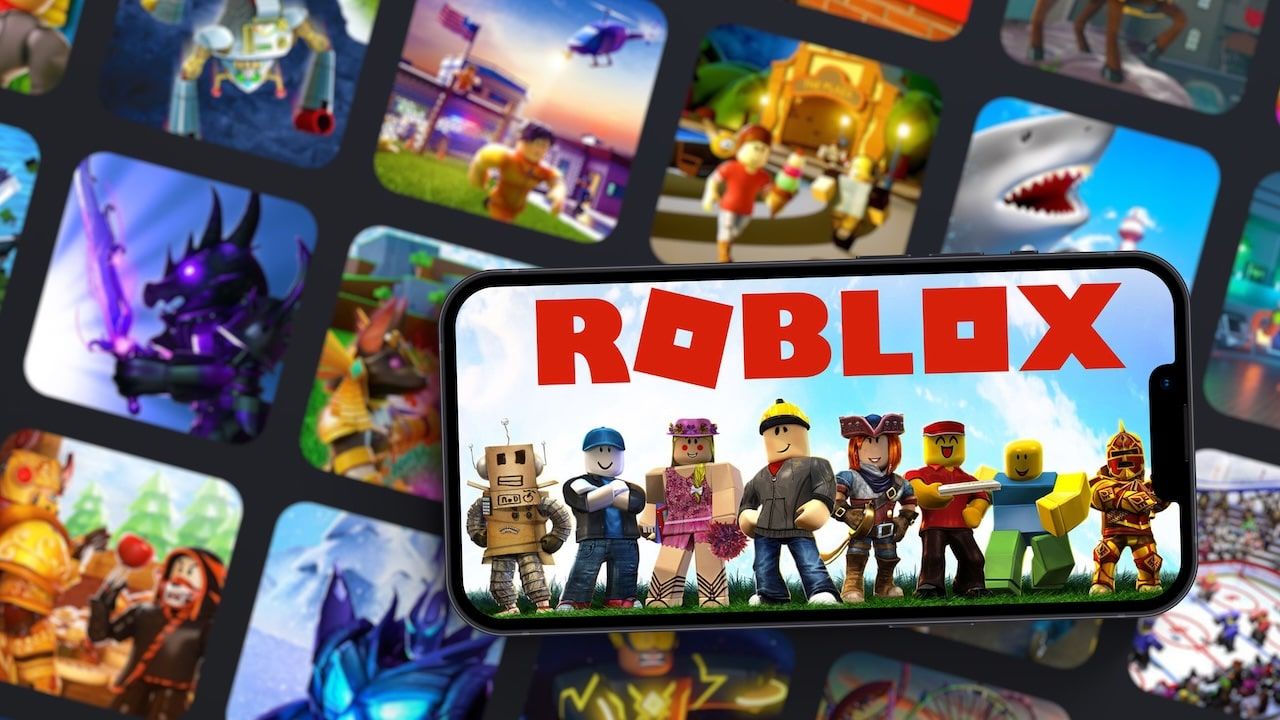 Roblox mobile game app on smartphone screen with the game blurred on background.
