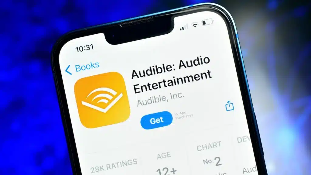 Audible app on smartphone used to listen audio content like podcast stories
