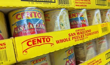 Cans of Cento San Marzano Whole Peeled Tomatoes on Shelf at Costco