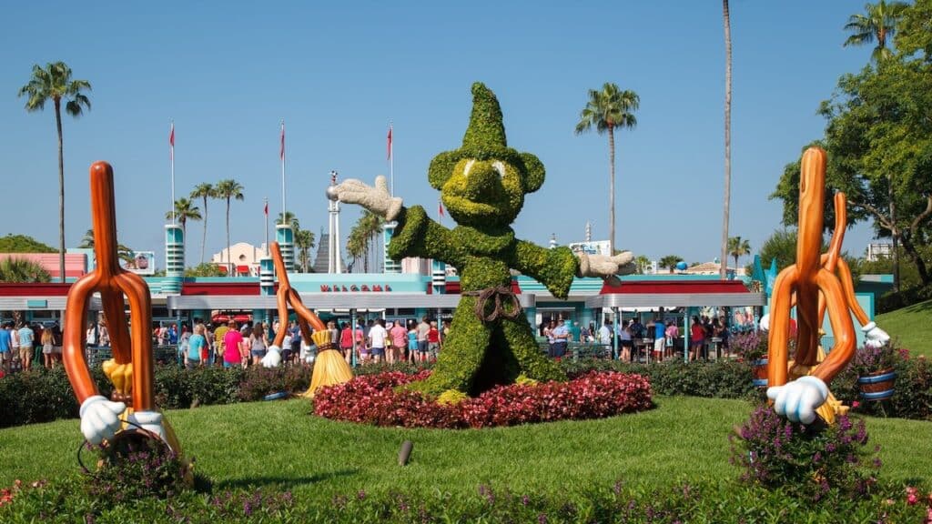 The Mickey Mouse fantasy with the dancing brooms, topiar, Hollywood Studios amusement park, Disney World, Kissimmee, Florida