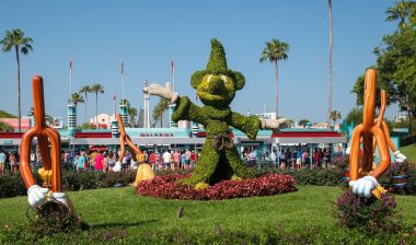 The Mickey Mouse fantasy with the dancing brooms, topiar, Hollywood Studios amusement park, Disney World, Kissimmee, Florida